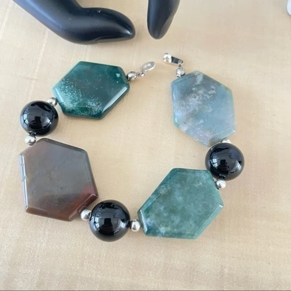 $49 SALE Handmade Chunky Hexagonal Jasper Onyx Bracelet 8.25” Luxe Spring Resort